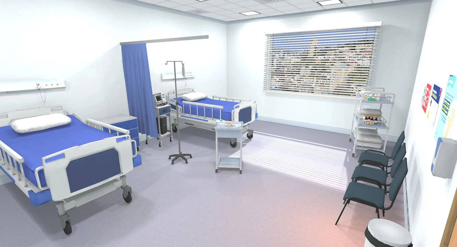 Habitación de hospital con dos camas, equipo médico y sillas.