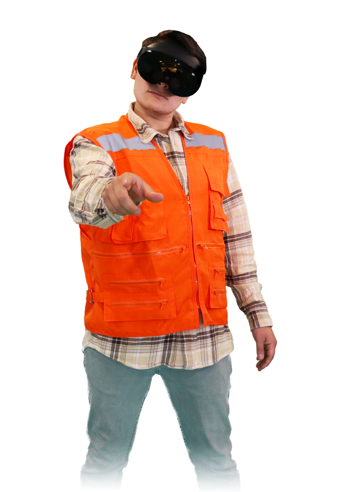 Person wearing an orange safety vest and VR headset, pointing towards the camera.