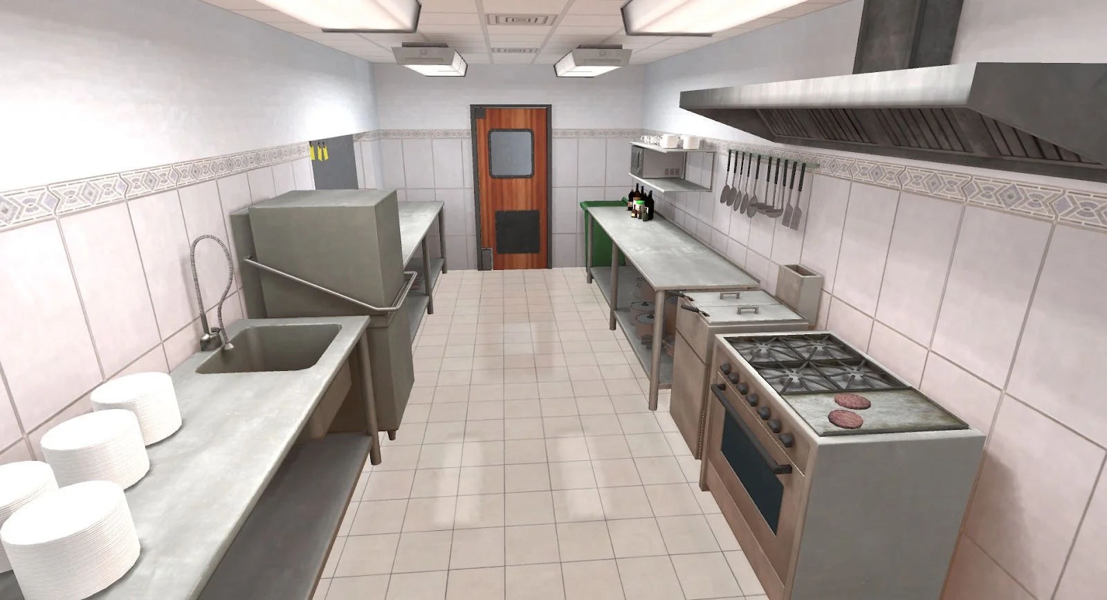 Interior de una cocina comercial con mesones de acero inoxidable, una estufa con dos hamburguesas, utensilios montados en la pared, un lavaplatos y estanterías de almacenamiento.