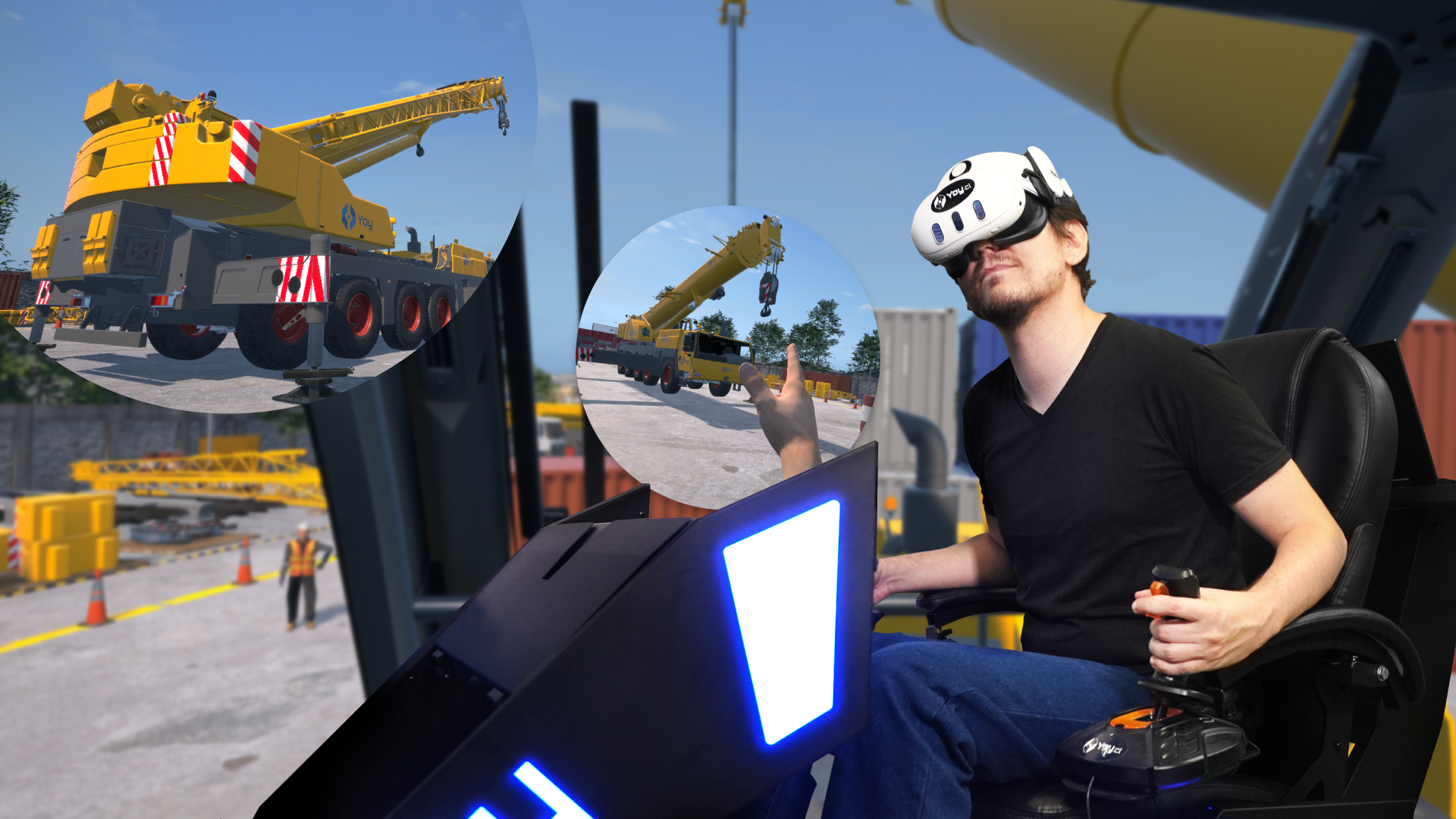 A person using a virtual reality headset with a joystick, simulating operation of a large yellow crane in a virtual environment. The scene includes images of the crane at a construction site, with construction materials and safety cones visible.