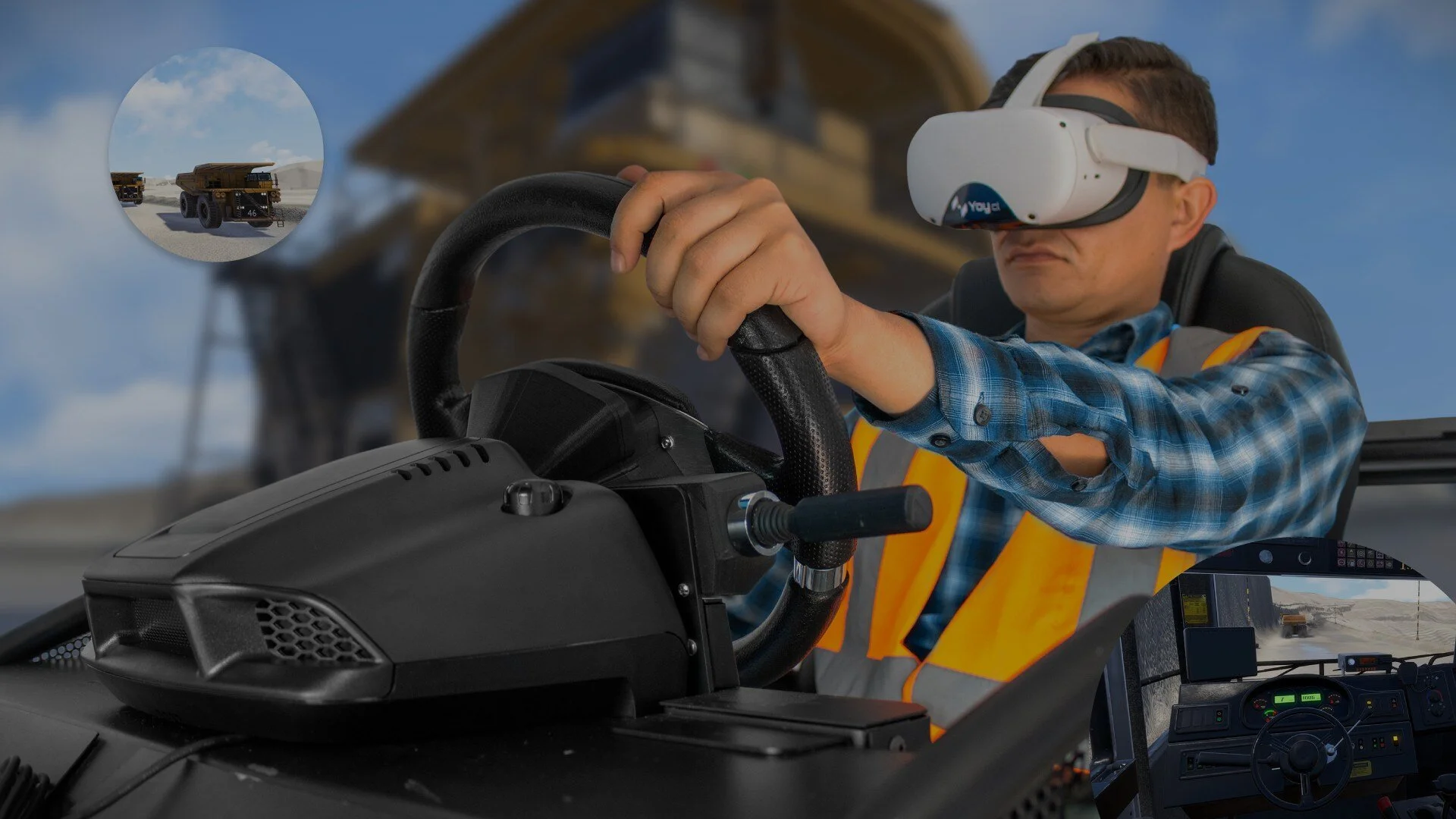A person wearing a virtual reality headset operates a steering wheel and controller, possibly for a simulation. The individual is dressed in a safety vest and checkered shirt. Inset images show scenes of a vehicle in a virtual environment, including a dashboard and mining trucks.