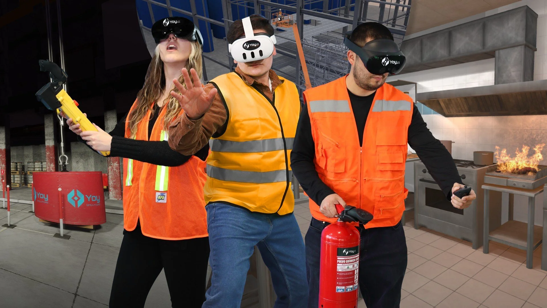 People wearing safety vests and VR headsets in a virtual reality training environment with construction and fire safety settings.