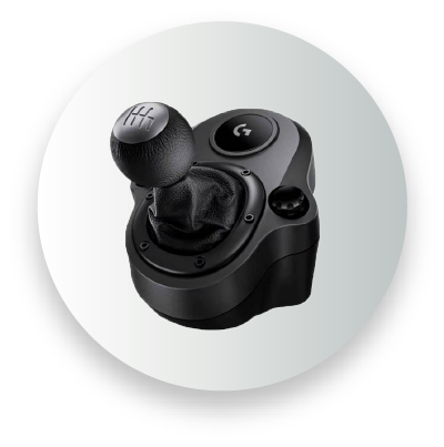 Gaming racing wheel gear shift accessory on a gradient background.
