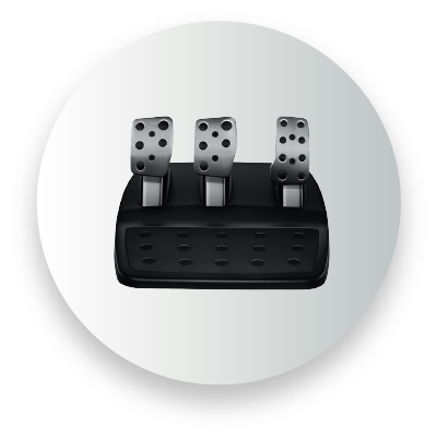 Three metal gaming pedals on a black base for a racing simulator, featuring a gas, brake, and clutch pedal.