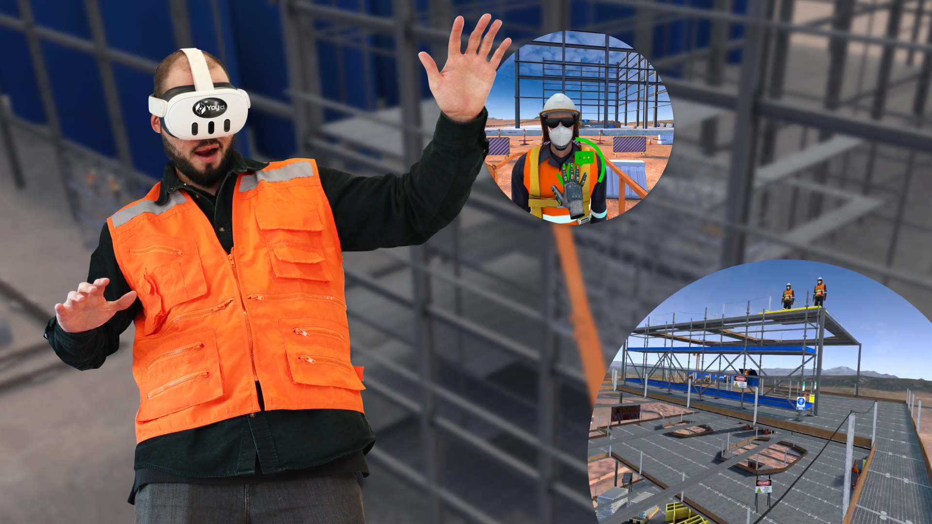 Person wearing a virtual reality headset and orange safety vest, with digital renderings of construction scenes in circular insets.
