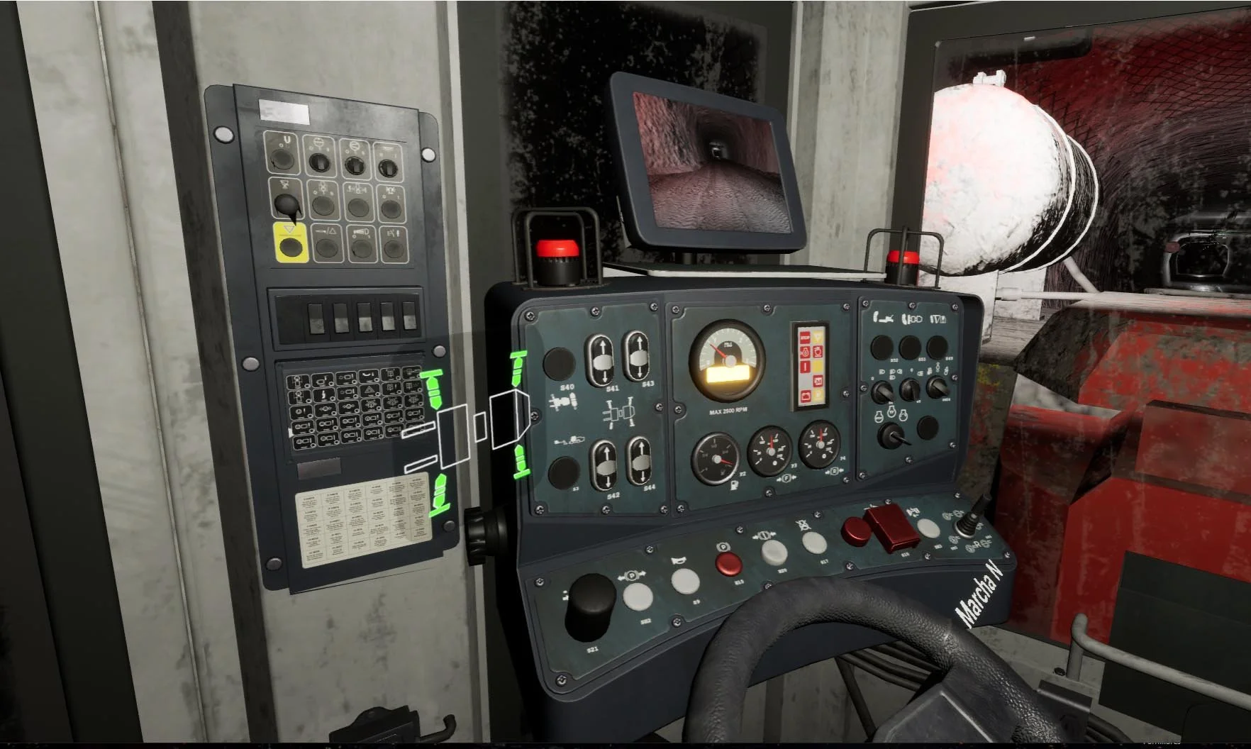 Primer plano de un panel de control dentro de un vehículo, con botones, diales e interruptores, junto a un pequeño monitor que muestra una vista interior, con una pared desgastada y parte de una ventana al fondo.