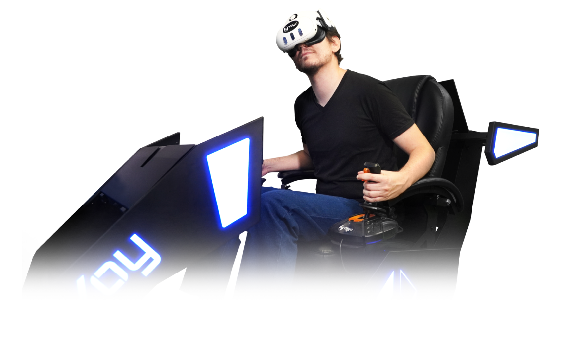 Persona usando un simulador de vuelo con visor VR y joystick.