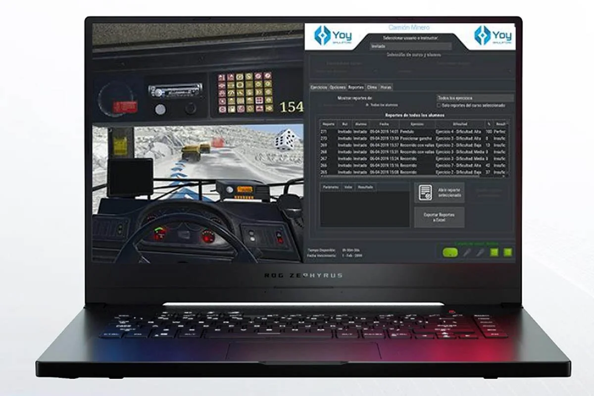 Laptop displaying a mining truck simulator interface with dashboard and snowy road.