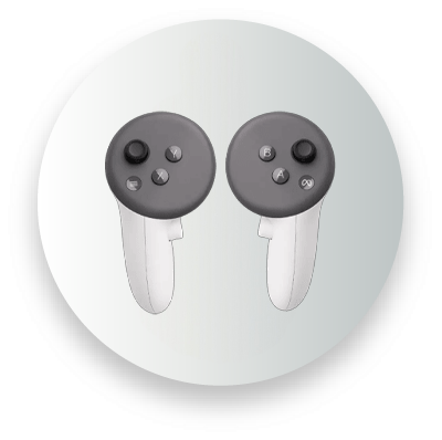 Gray and white gaming controllers on a gradient background
