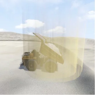 Dump truck with raised bed in a desert landscape