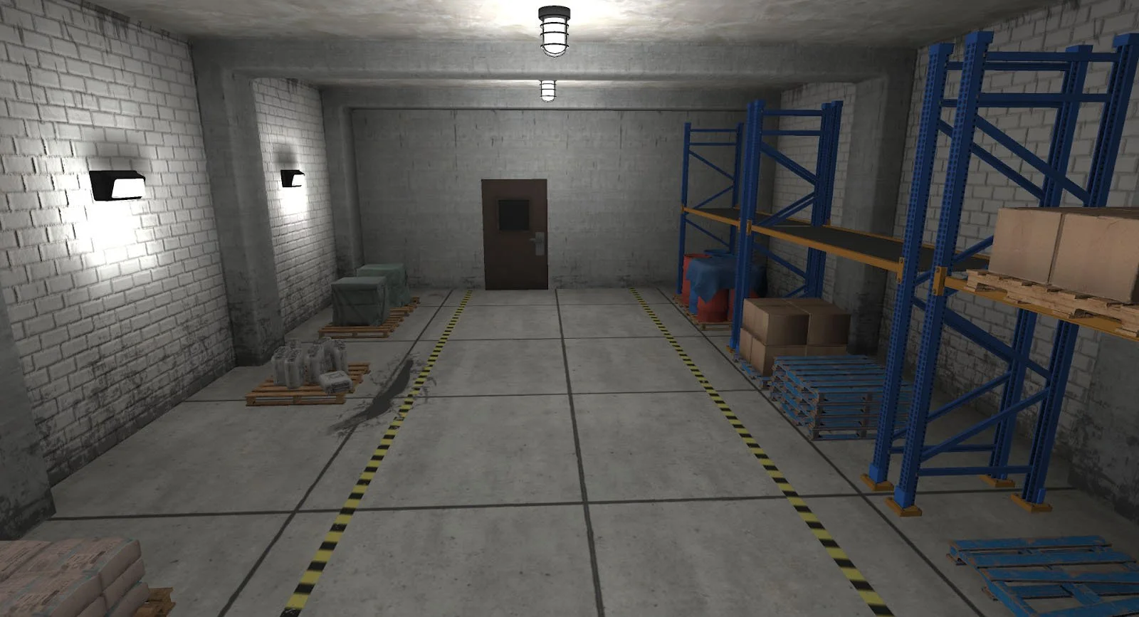 Bodega industrial con paredes de concreto, estanterías, pallets y cajas.
