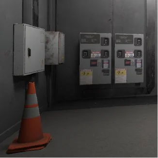 Industrial room with control panels, electrical box, and traffic cone