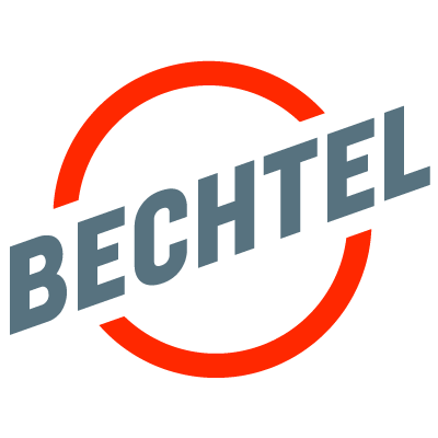 Logo of Bechtel with a red circle and gray diagonal text.