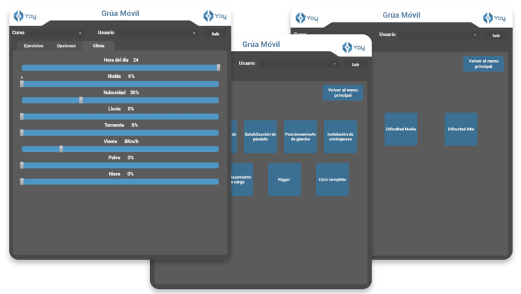 Mobile crane simulator interface with weather settings and exercise options, featuring sliders for fog, cloudiness, rain, storm, wind speed, dust, and snow, as well as buttons for various training modules and difficulty settings.