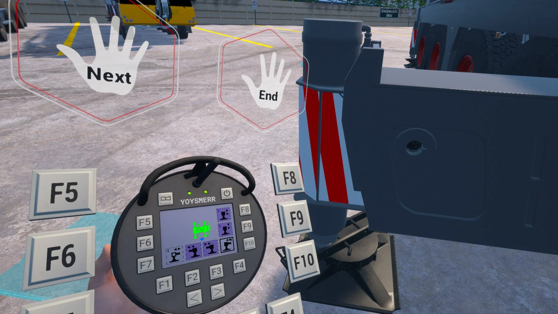 Interfaz de simulación virtual de grúa con panel de control y botones de operación.