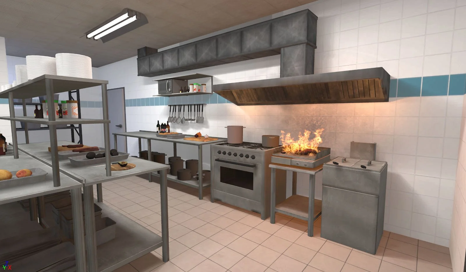 Cocina comercial con electrodomésticos de acero inoxidable, ollas en la estufa, estanterías con alimentos y una parrilla con llamas.