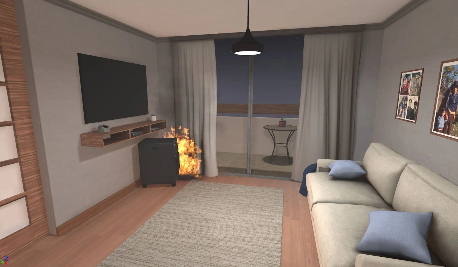 Interior de un living con un pequeño fuego cerca de una pared, muebles modernos, un televisor y vista a un balcón de noche.