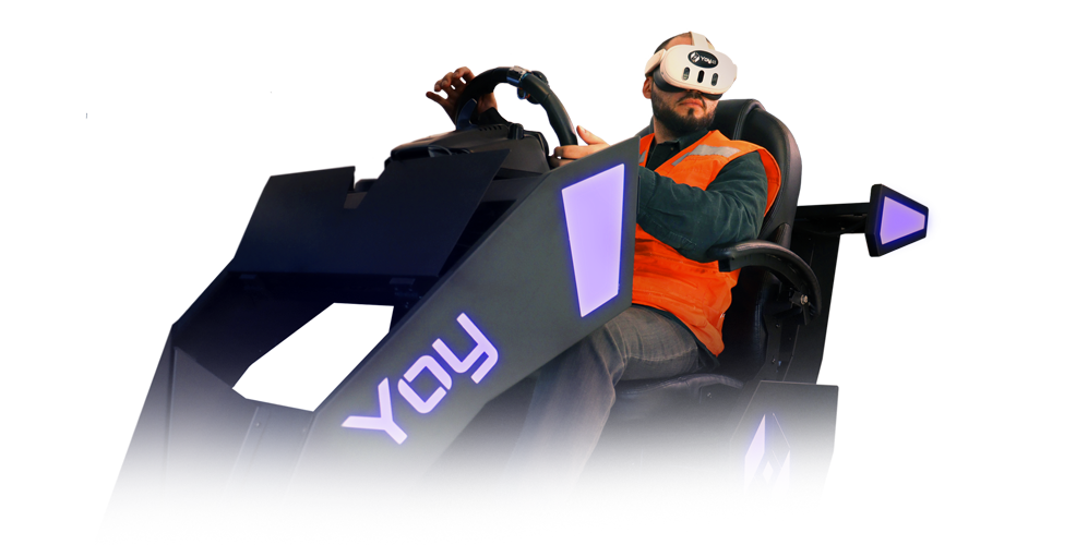 Person wearing VR headset in a simulator chair with illuminated controls, marked 'YOY'.