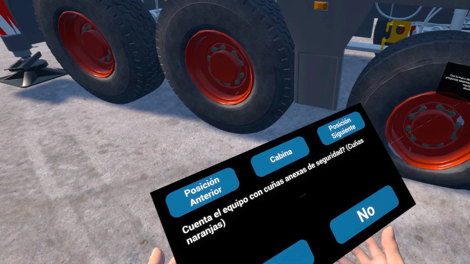 Vista de grandes neumáticos de vehículo con centros rojos y una pantalla digital mostrando texto en español, posiblemente en un entorno de realidad virtual o aumentada.