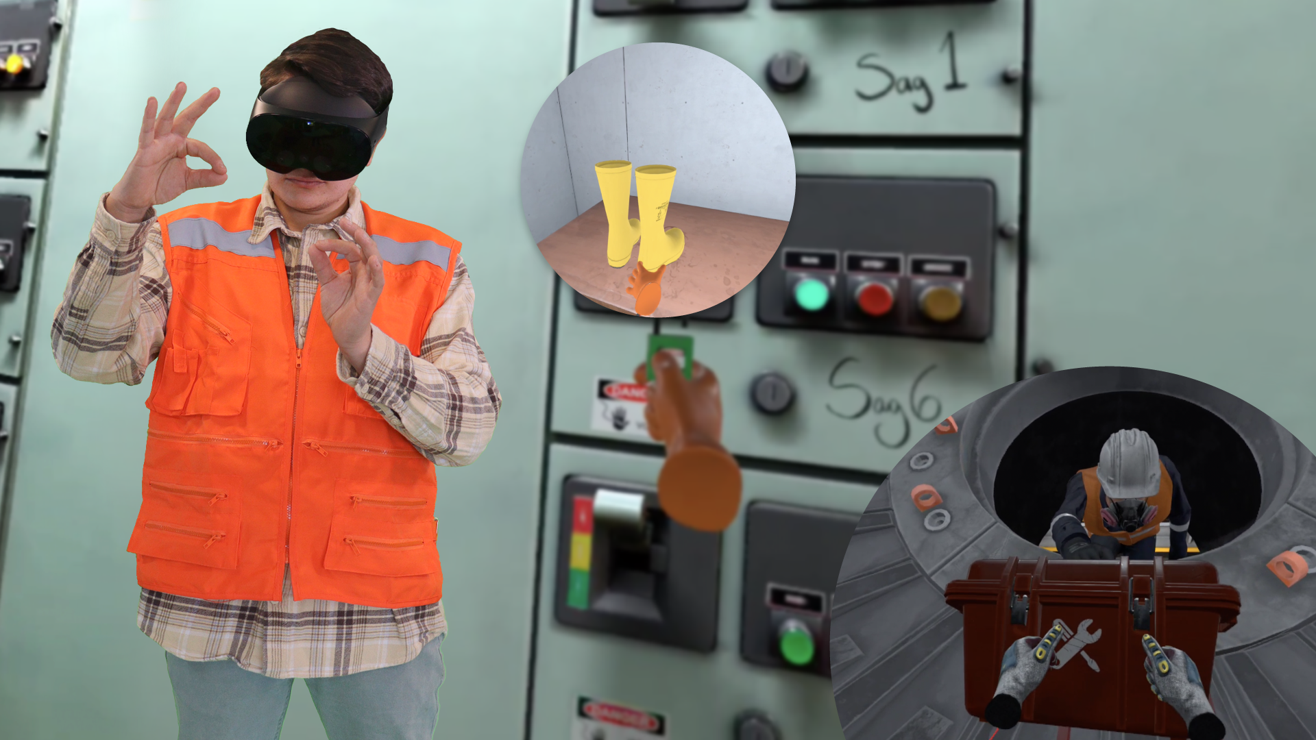 Person in VR headset and safety vest interacting with virtual controls and objects.