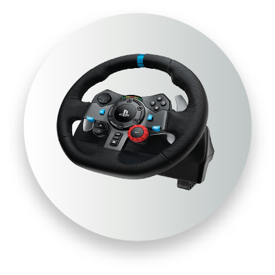 Gaming steering wheel with pedals for PlayStation, featuring buttons and controls.