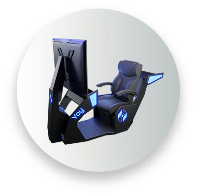 Gaming chair setup with monitor and ergonomic seat, featuring LED lighting.