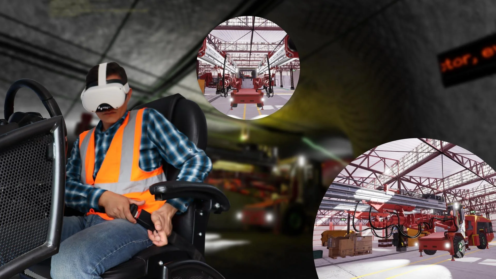 Persona con visor de realidad virtual y chaleco de seguridad naranja sentada en un vehículo dentro de una bodega industrial, con maquinaria roja y andamios en la parte superior.