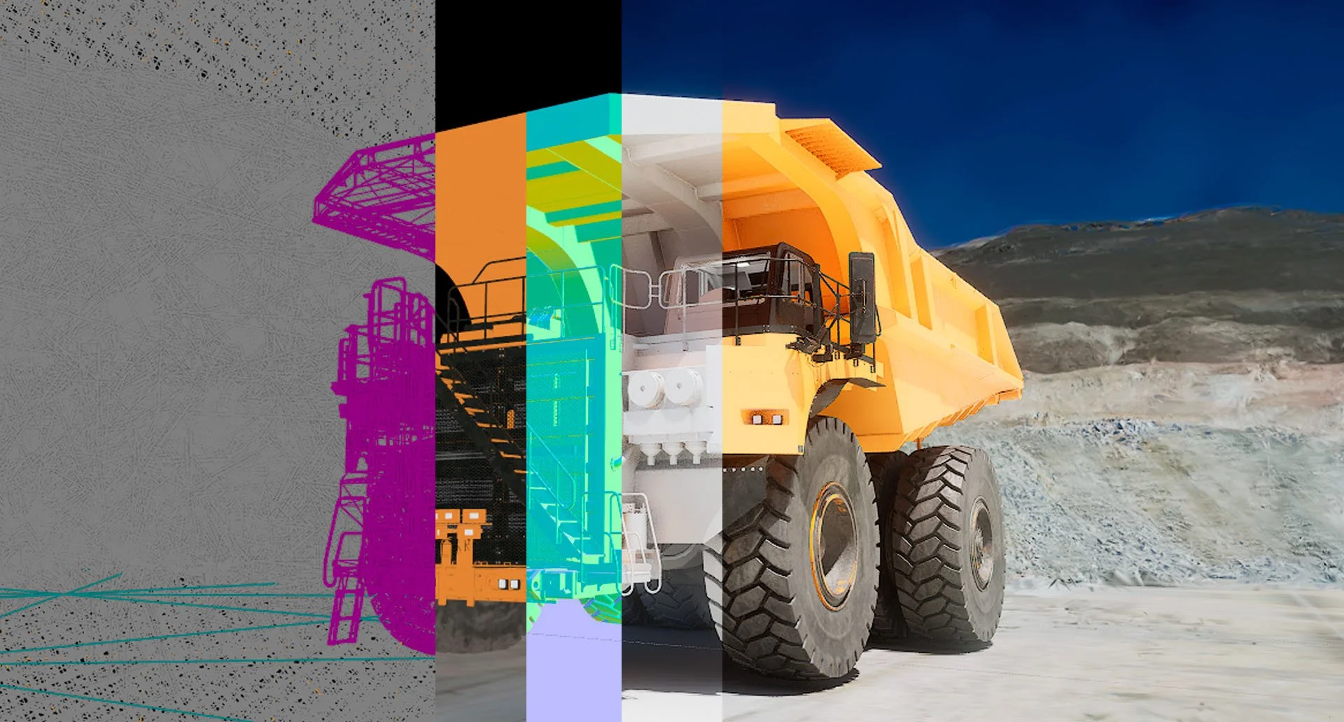 Cross-section view of a large mining dump truck showcasing different layers of digital rendering, from wireframe to fully rendered image. The background features a mining landscape under a blue sky.