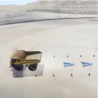 Dump truck on a sandy terrain with blue directional arrows and small marker cones