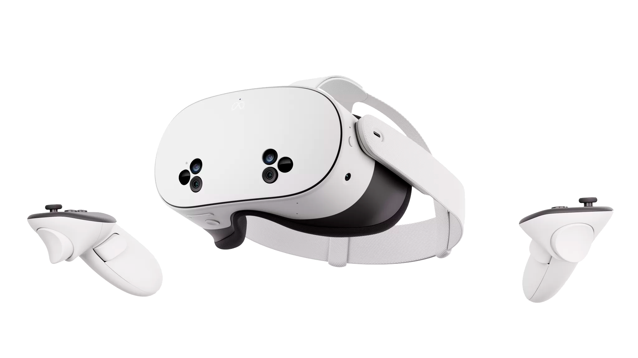Primer plano de un visor de realidad virtual blanco con controles sobre un fondo negro.