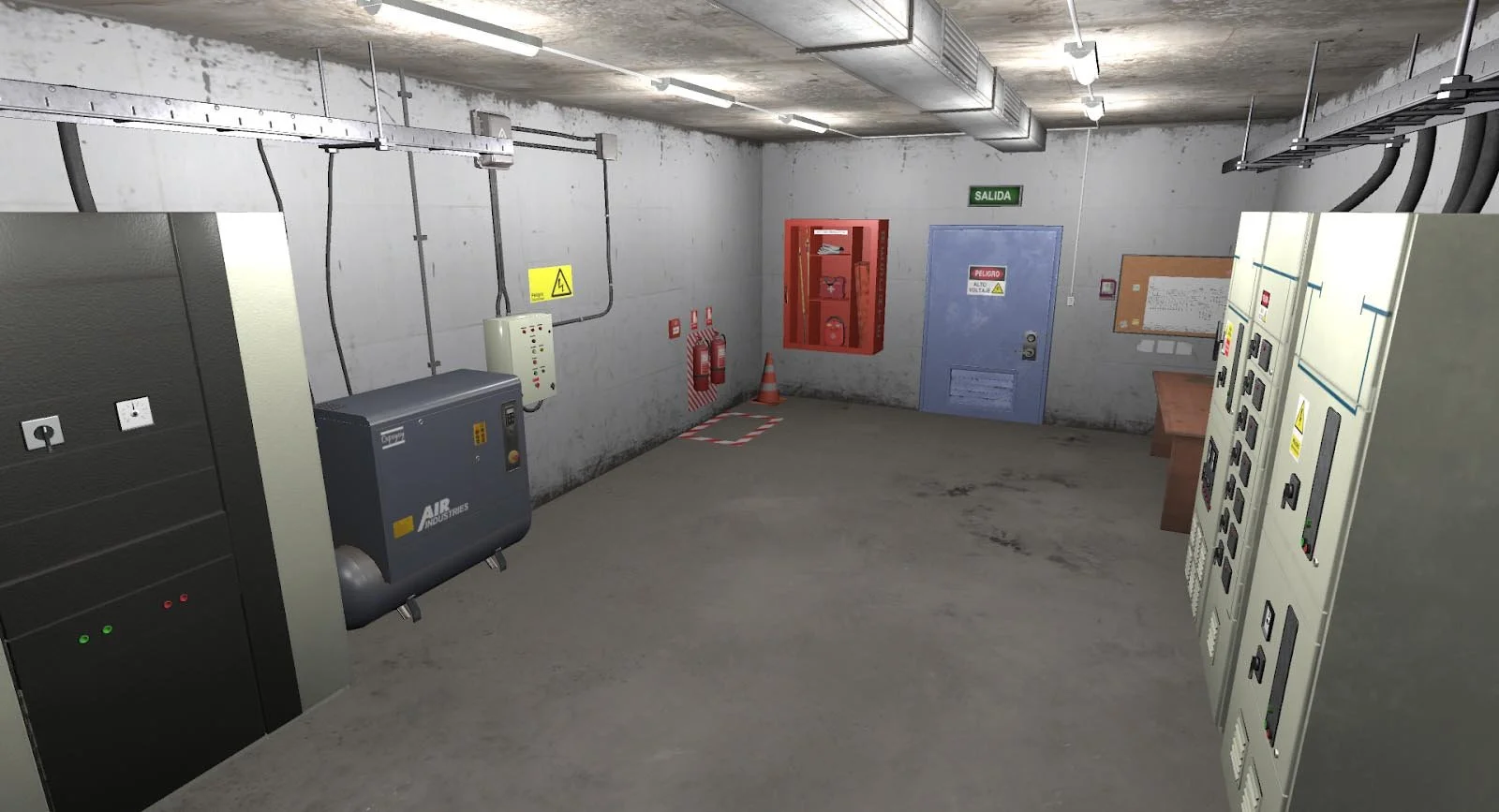 Sala de control industrial con paneles eléctricos, equipo de emergencia y un letrero que dice "salida" sobre una puerta.